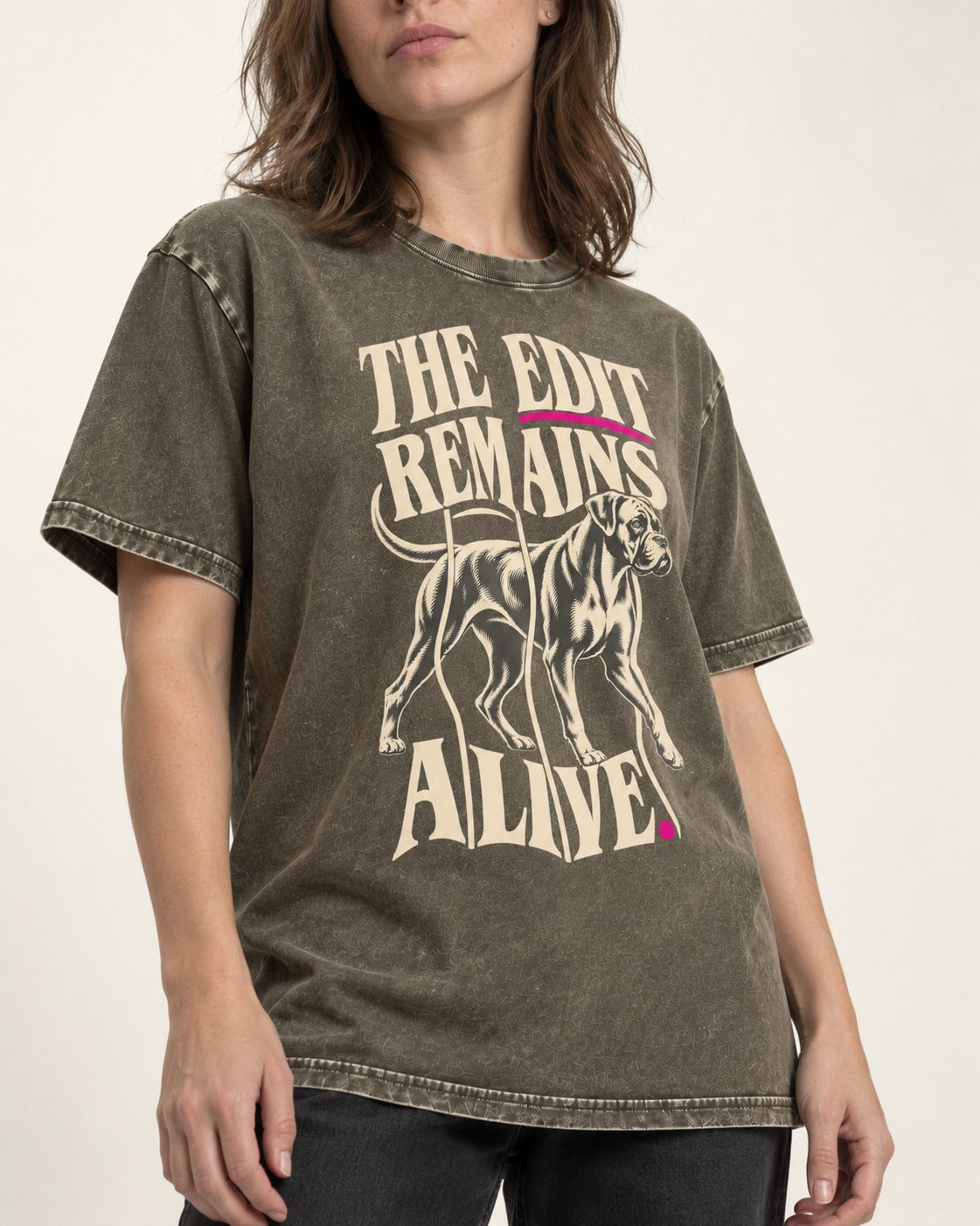 The Edit Remains Alive Boxer Washed Tee in Army Green, worn by a model, front view
