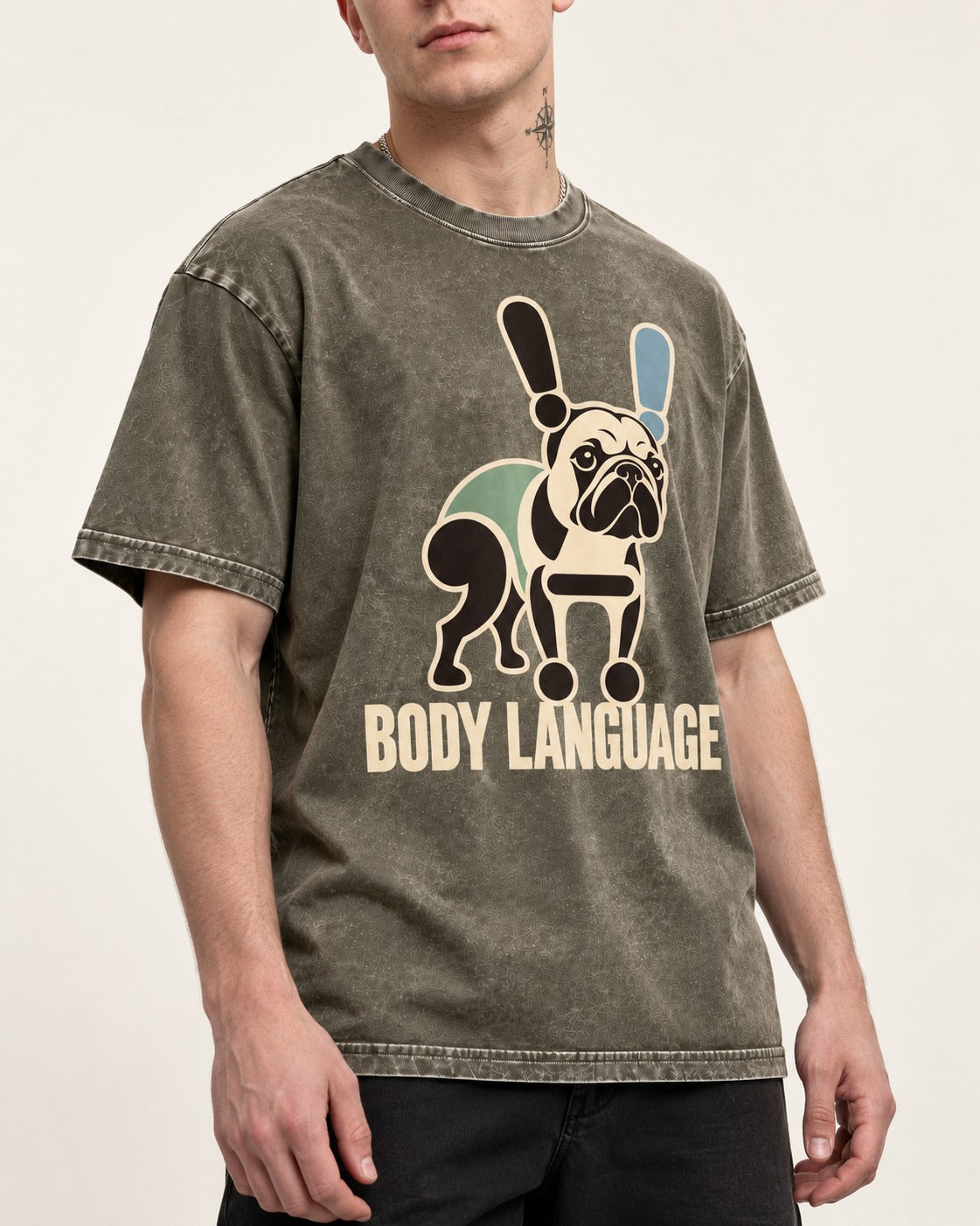 Frenchie Body Language Punctuation Graphic Washed Tee in Army Green, worn by a model, front view