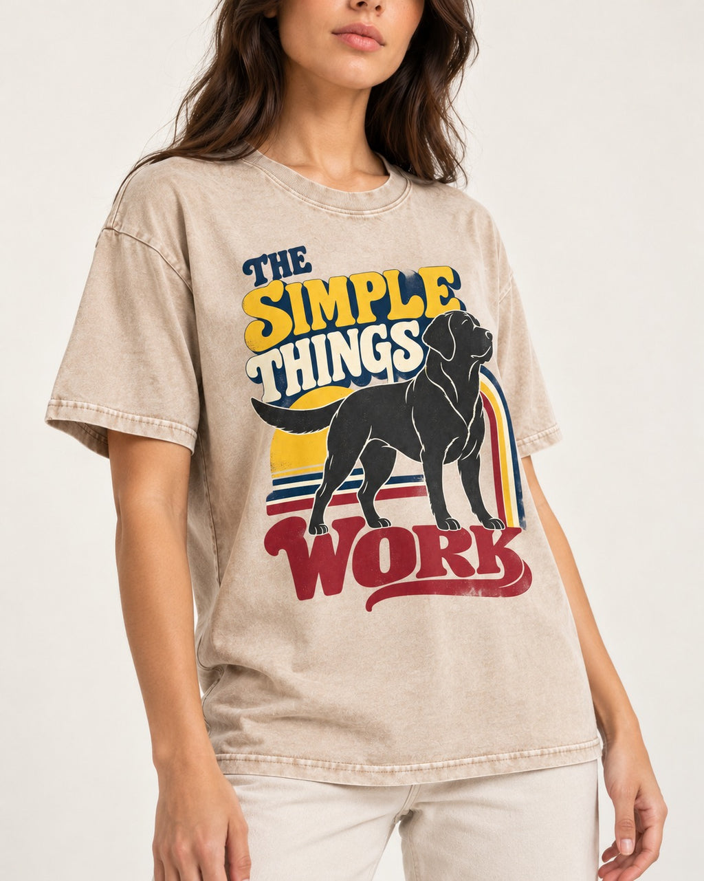 The Simple Things Work Labrador Retriever Washed Tee in Apricot, worn by a model, front view