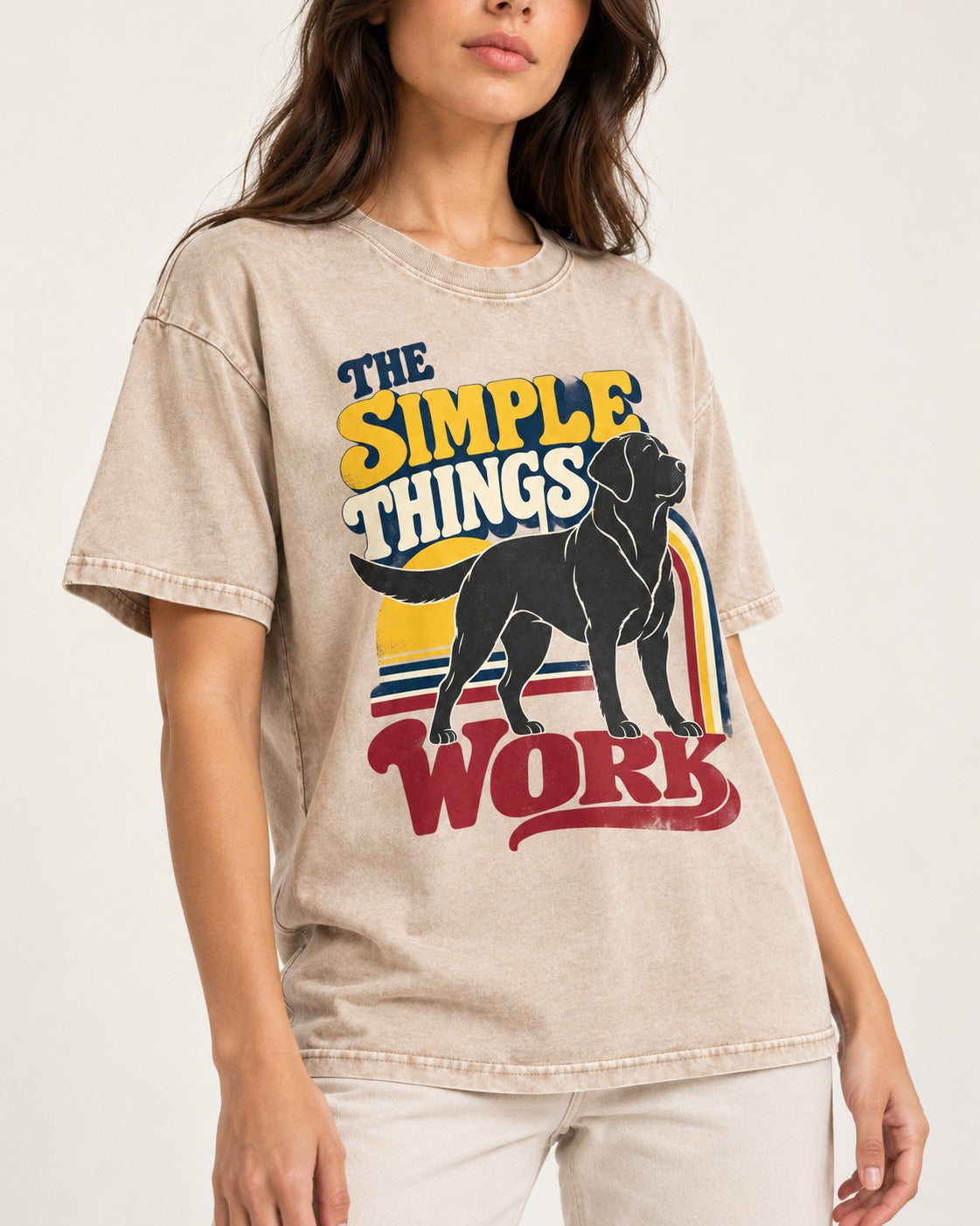 The Simple Things Work Labrador Retriever Washed Tee in Apricot, worn by a model, front view