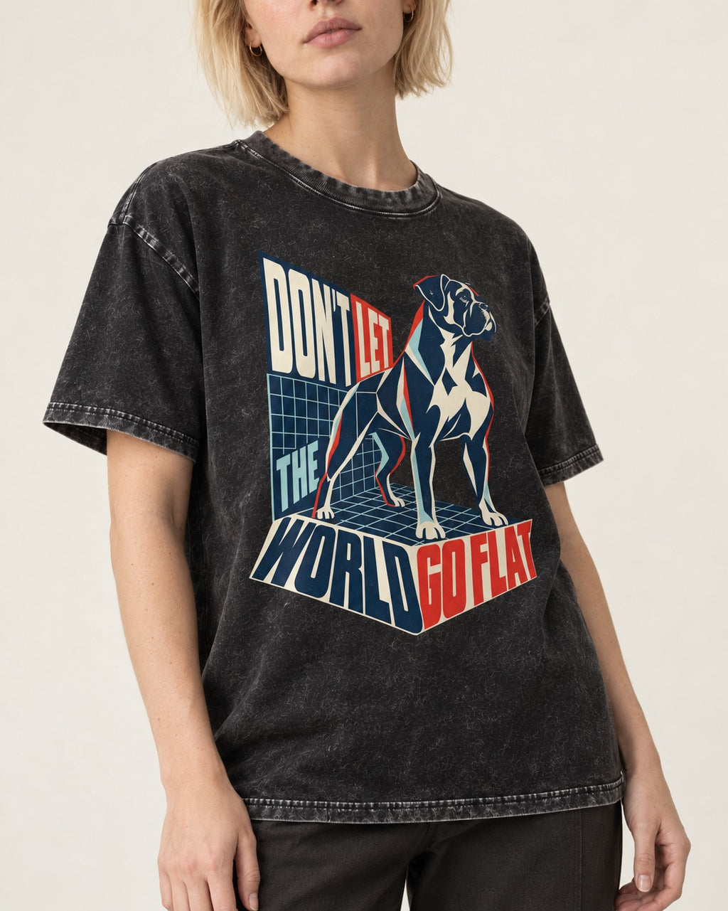 Don't Let the World Go Flat Boxer Perspective Grid Graphic Washed Tee in Black, worn by a model, front view