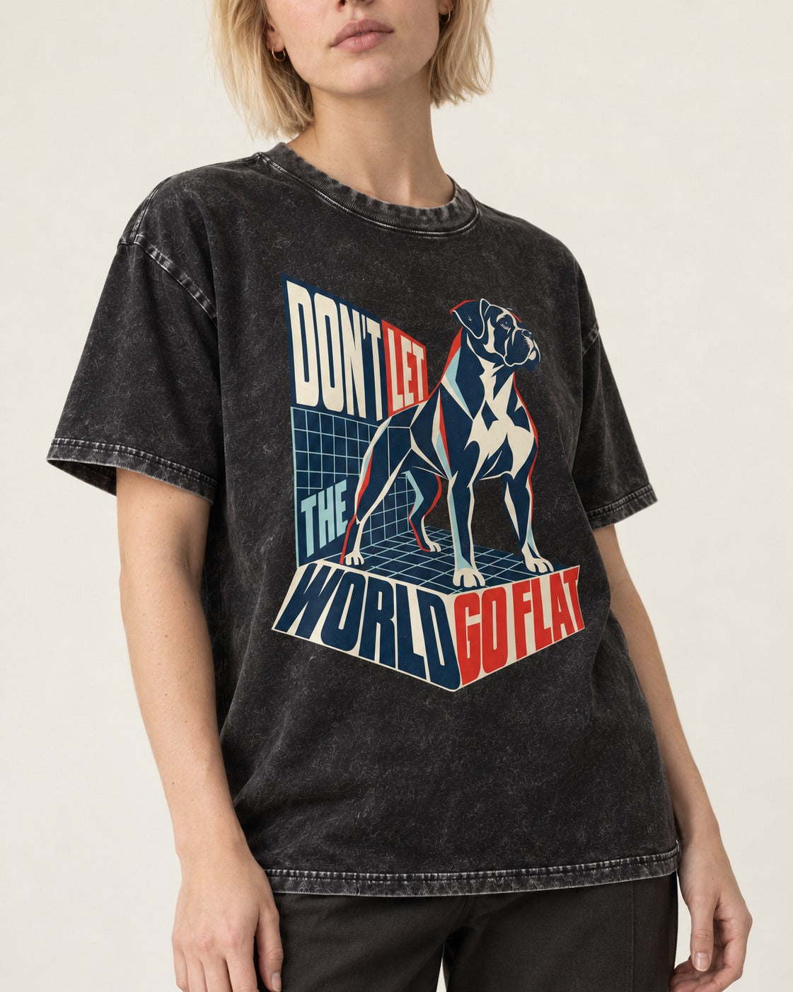 Don't Let the World Go Flat Boxer Perspective Grid Graphic Washed Tee in Black, worn by a model, front view