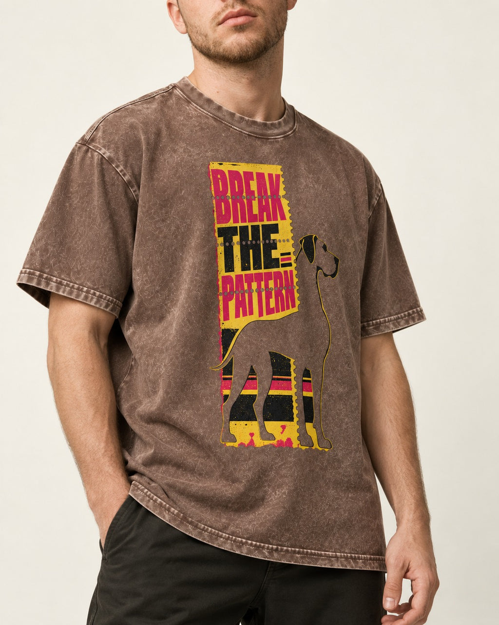 Great Dane Break the Pattern Perforated Ticket Graphic Washed Tee in Coffee, worn by a model, front view