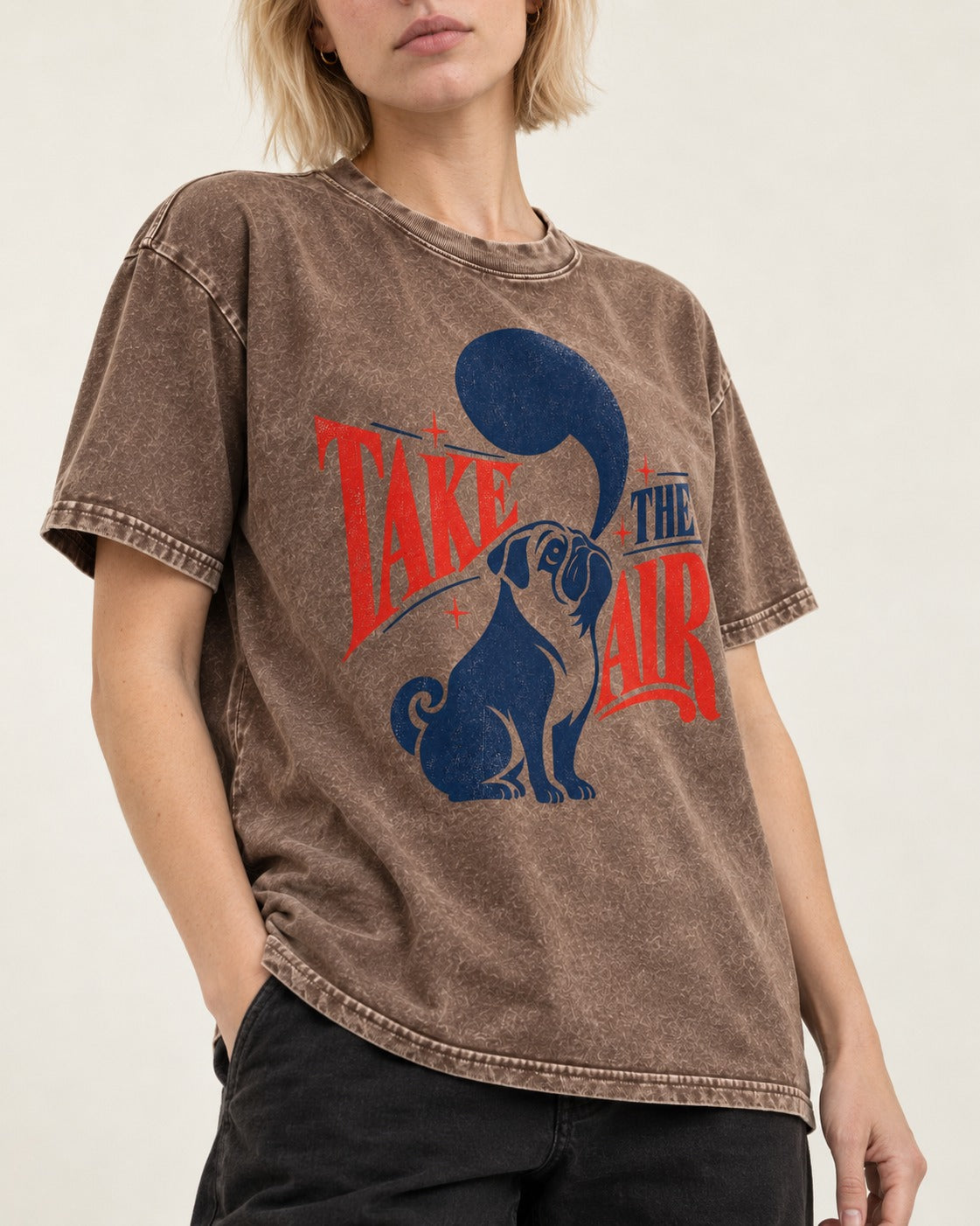 Pug Take the Air Washed Tee in Coffee, worn by a model, front view