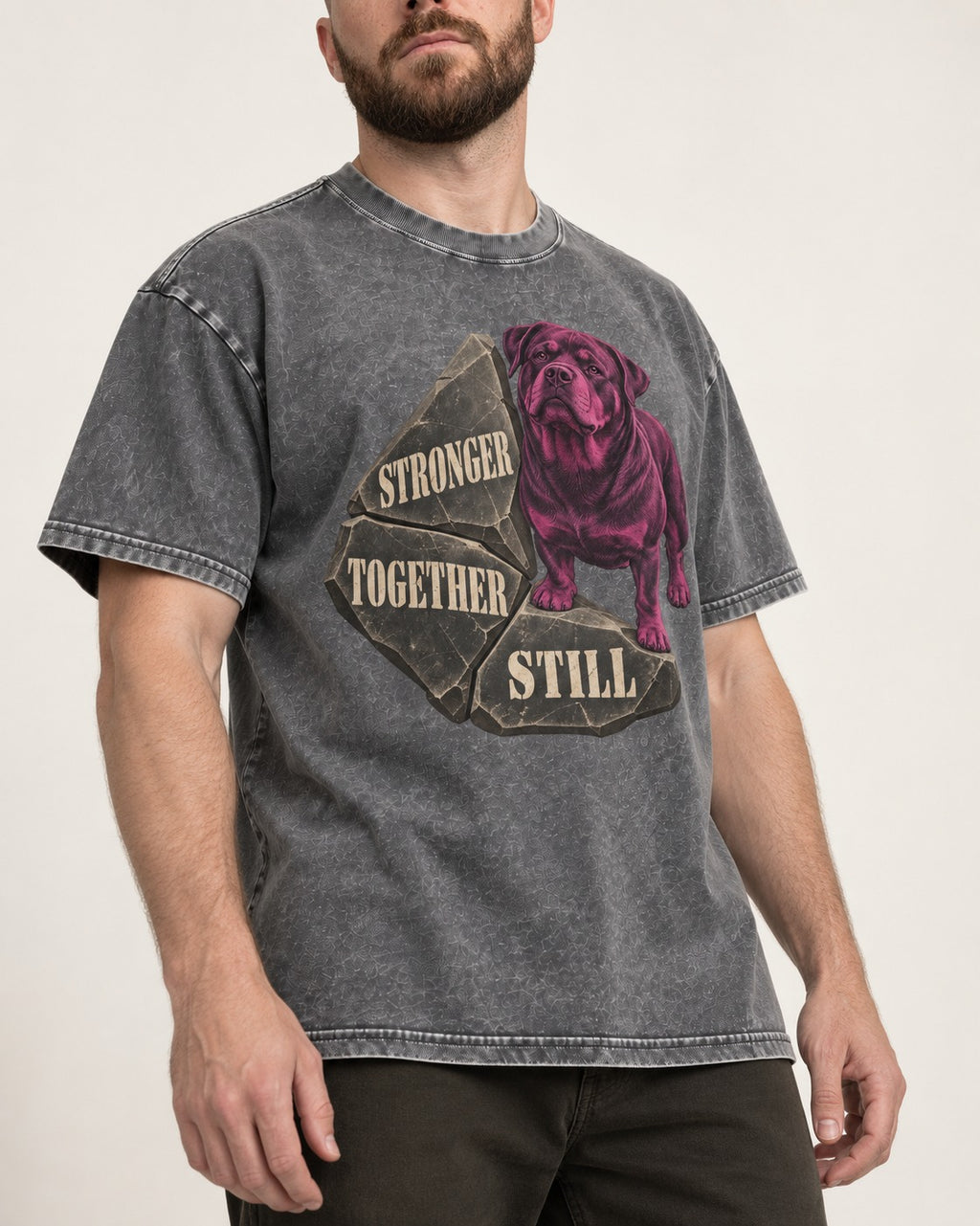 Rottweiler Stronger Together Still Foundation Stone Graphic Washed Tee in Gray, worn by a model, front view