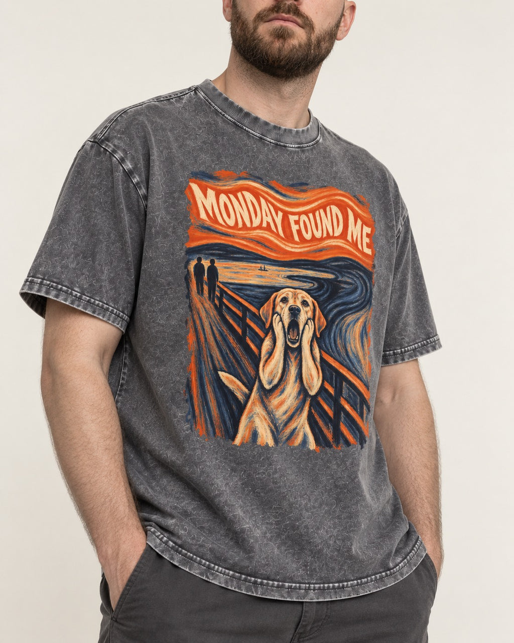 Labrador Retriever Monday Found Me Scream Parody Graphic Washed Tee in Gray, worn by a model, front view