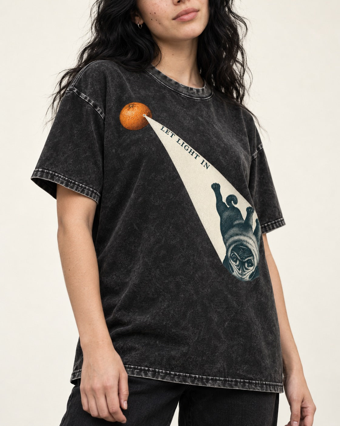 Pug Let Light In Camera Obscura Graphic Washed Tee in Black, worn by a model, front view