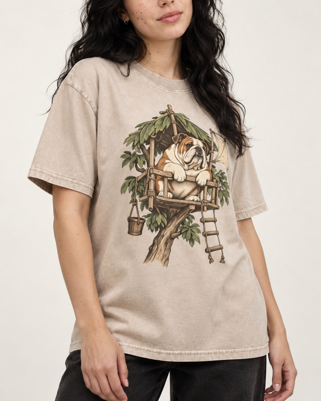 English Bulldog Above It All Washed Tee in Apricot, worn by a model, front view