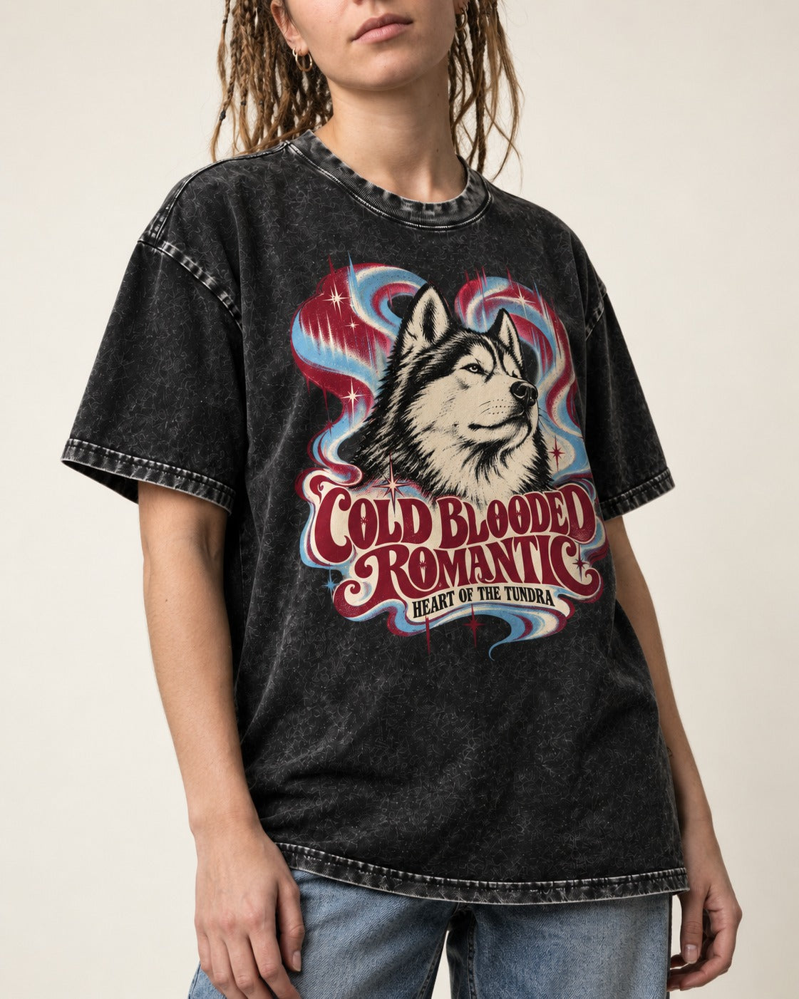 Husky Cold Blooded Romantic Heart of the Tundra Graphic Washed Tee in Black, worn by a model, front view