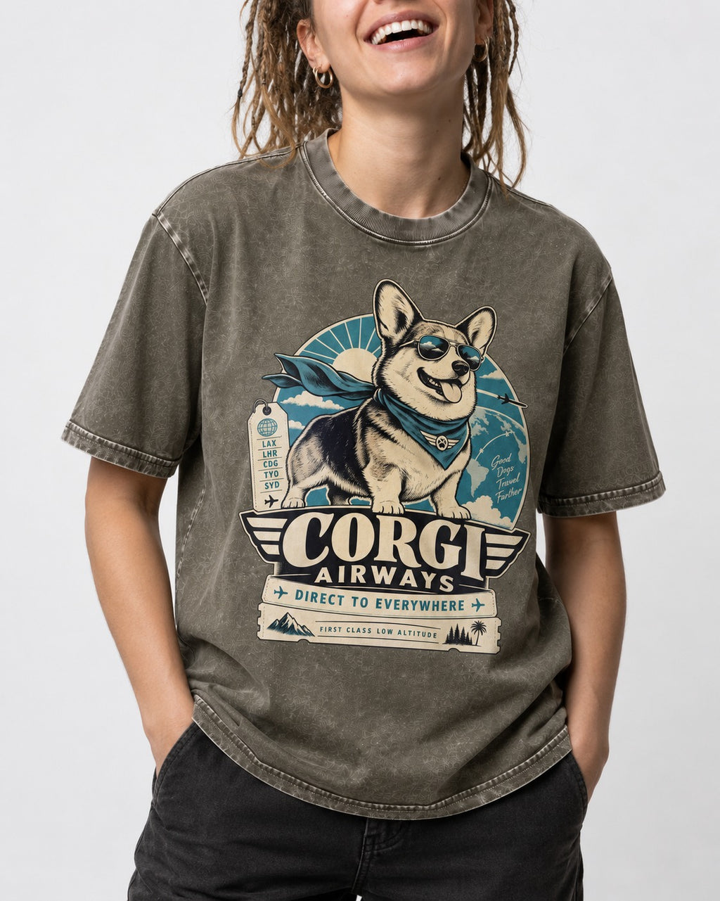 Corgi Airways Direct to Everywhere Badge Washed Tee in Army Green, worn by a model, front view