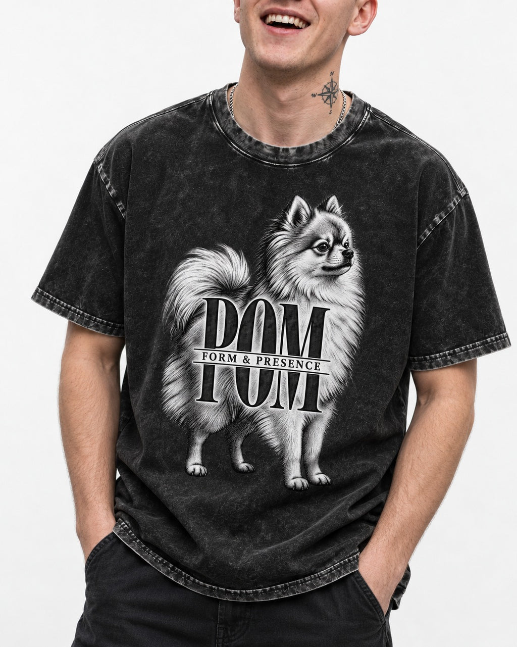 Pomeranian Form and Presence Monogram Graphic Washed Tee in Black, worn by a model, front view