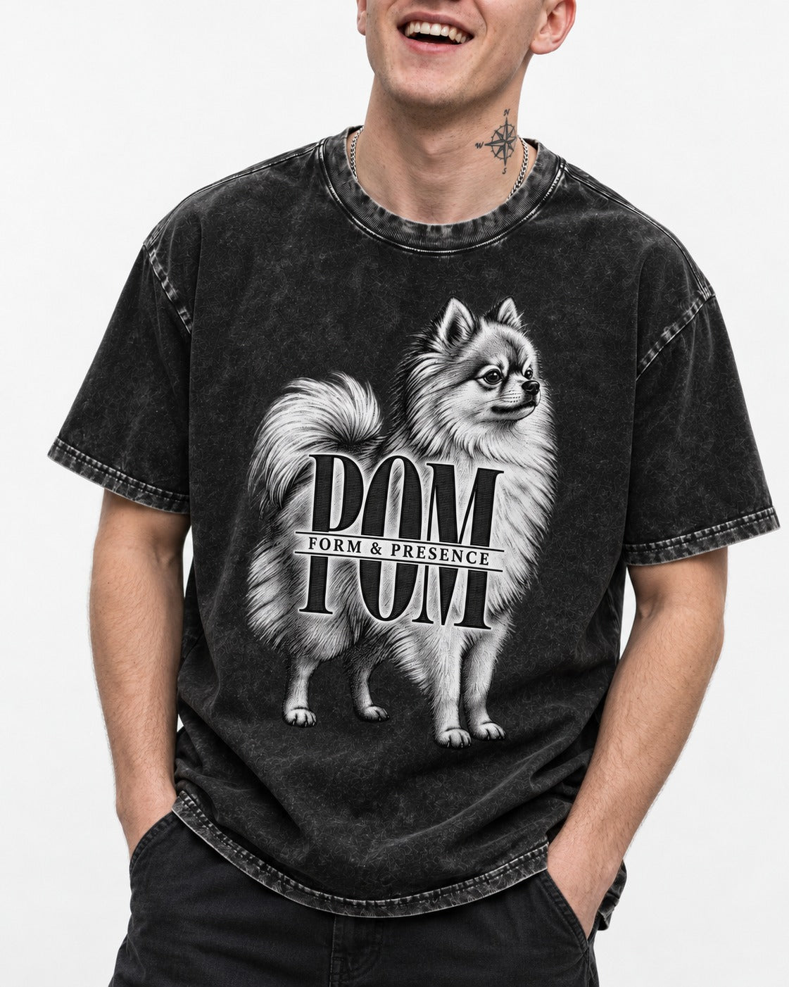 Pomeranian Form and Presence Monogram Graphic Washed Tee in Black, worn by a model, front view