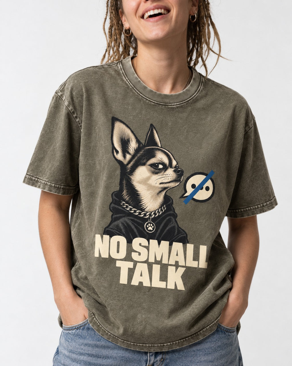 Chihuahua No Small Talk Speech-Off Portrait Graphic Washed Tee in Army Green, worn by a model, front view