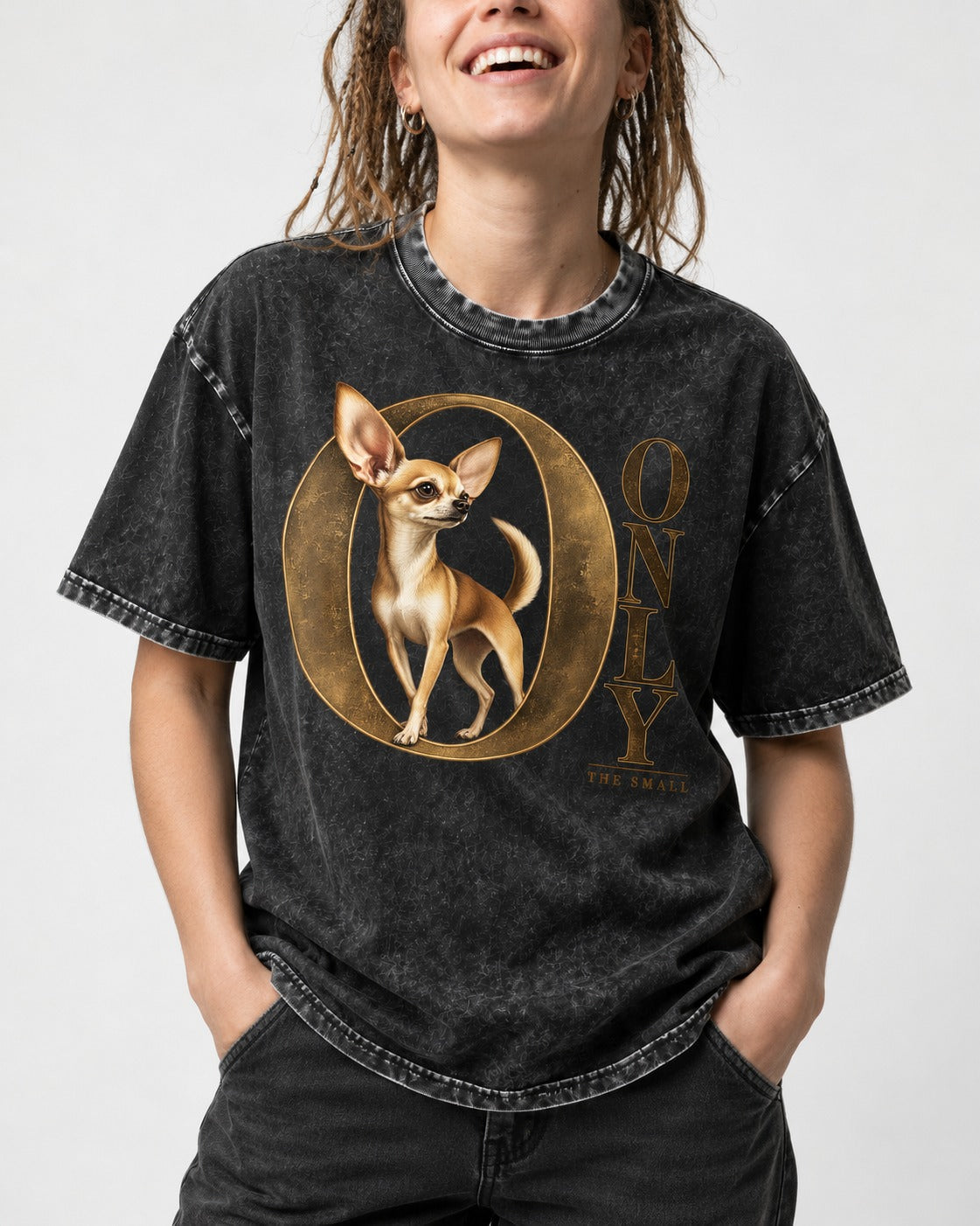 Chihuahua Only the Small Washed Tee in Black, worn by a model, front view
