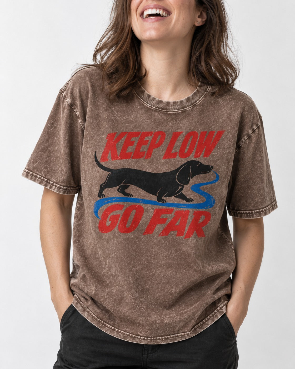 Keep Low Go Far Dachshund Washed Tee in Coffee, worn by a model, front view