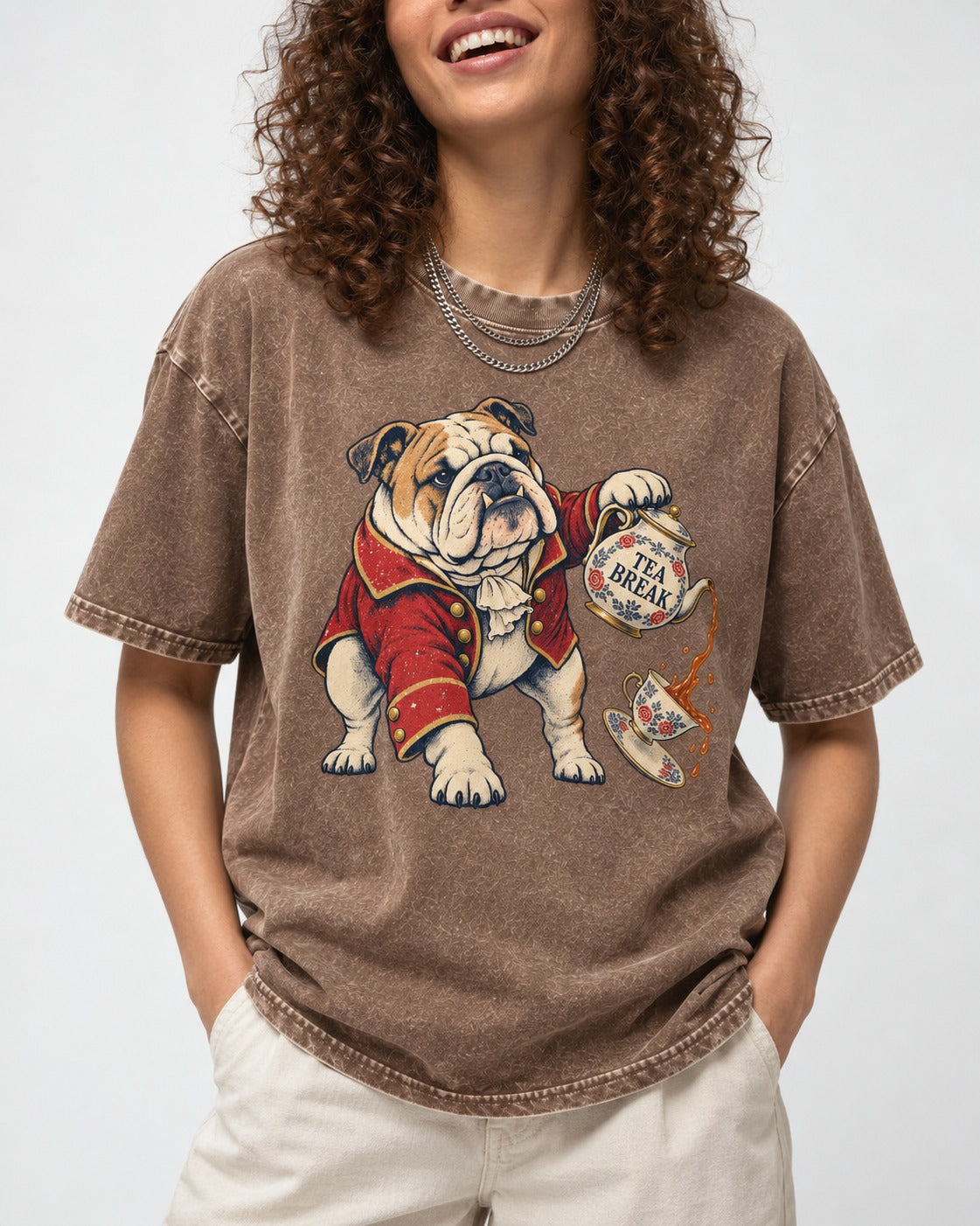 English Bulldog Tea Break Washed Tee in Coffee, worn by a model, front view