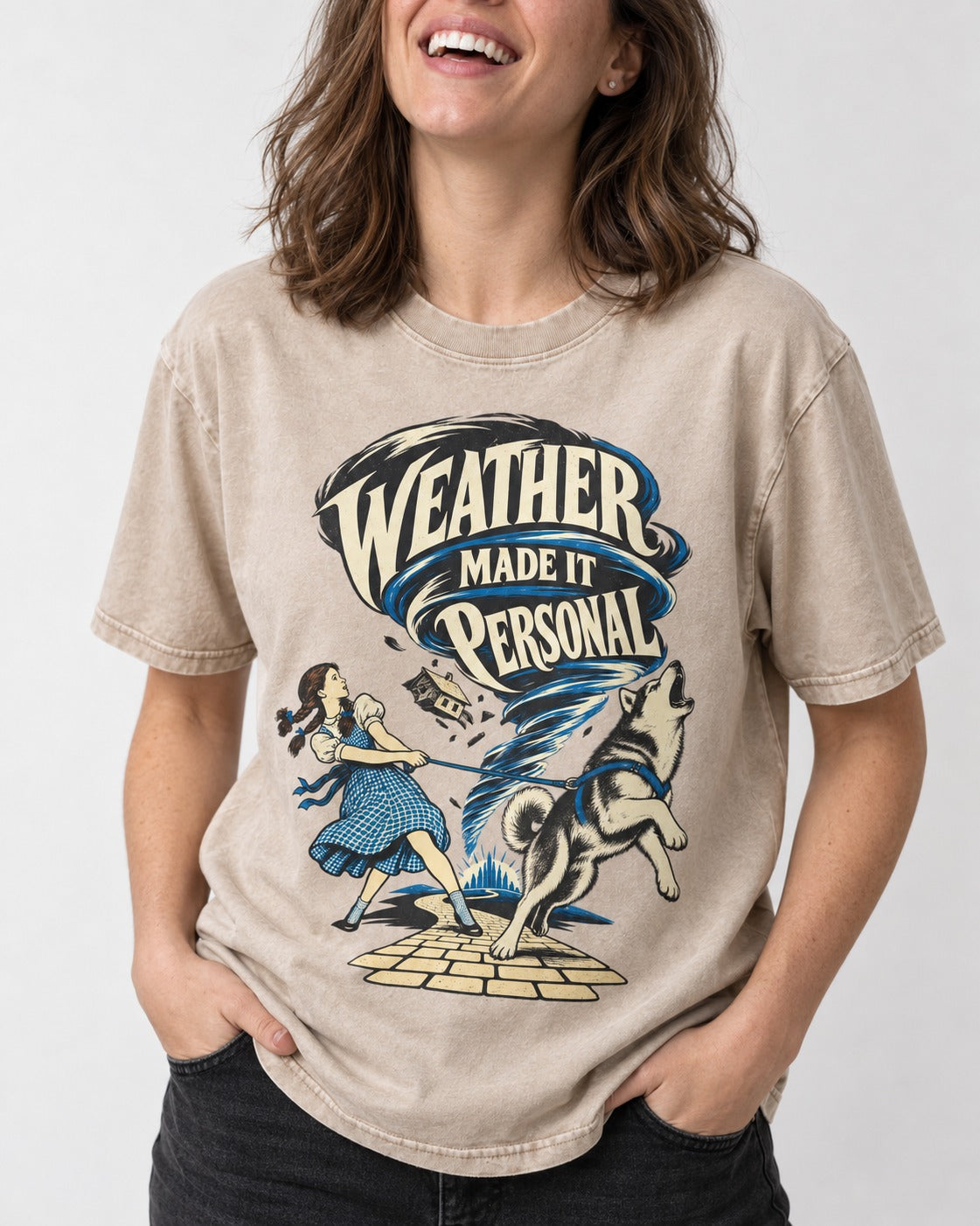 Husky Weather Made It Personal Washed Tee in Apricot, worn by a model, front view