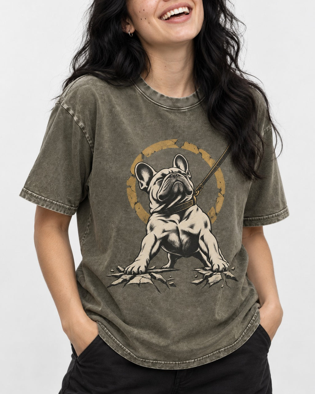 Frenchie Stubborn Leash Monument Graphic Washed Tee in Army Green, worn by a model, front view