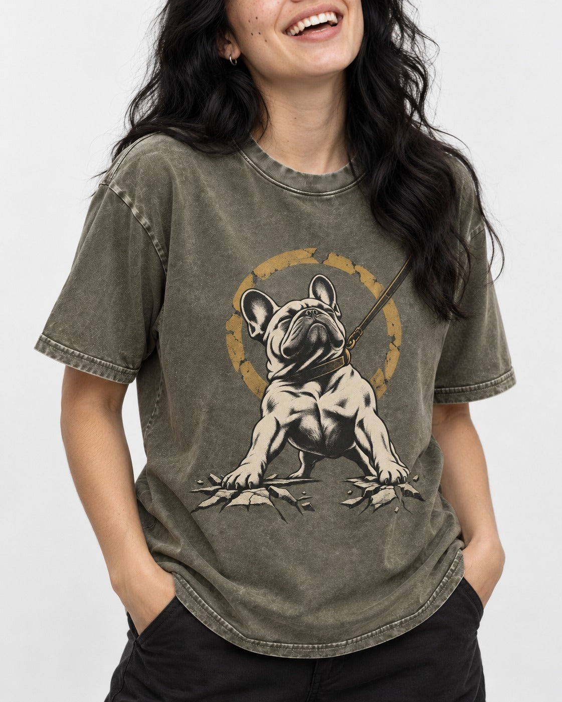 Frenchie Stubborn Leash Monument Graphic Washed Tee in Army Green, worn by a model, front view