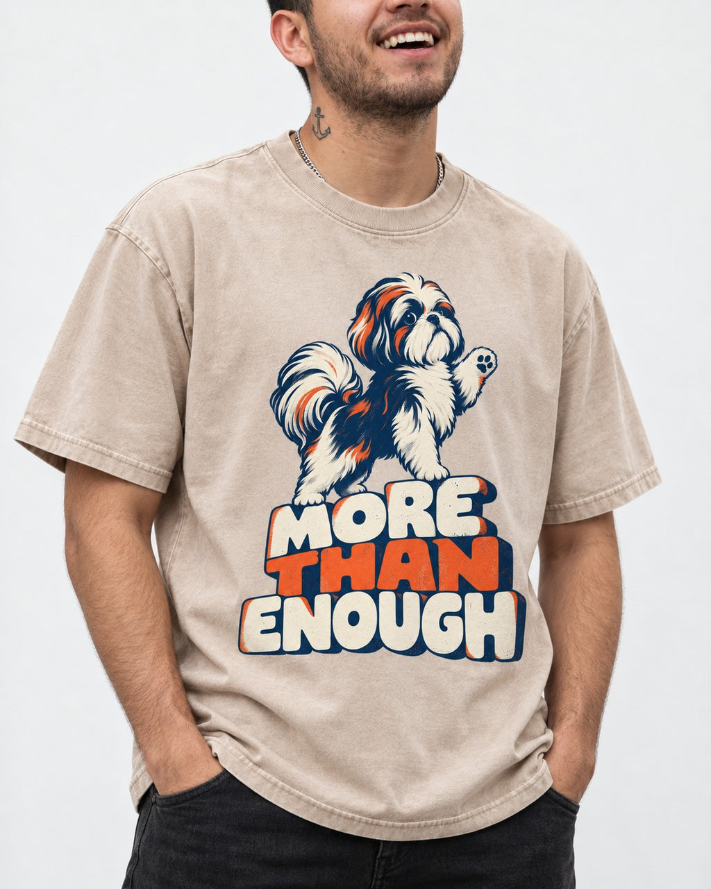 More Than Enough Shih Tzu Washed Tee in Apricot, worn by a model, front view