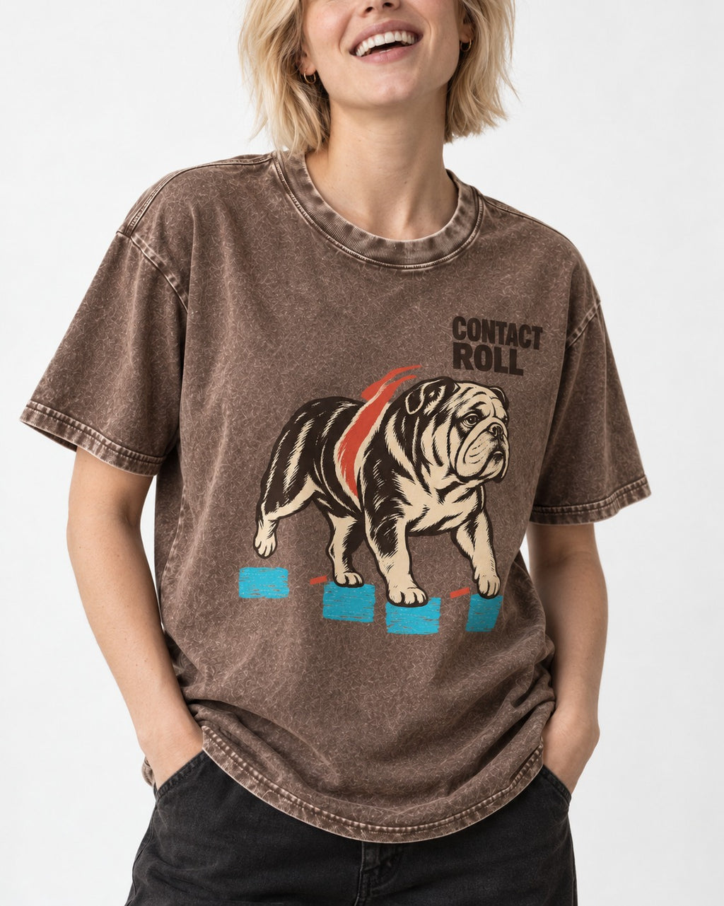 Contact Roll English Bulldog Washed Tee in Coffee, worn by a model, front view