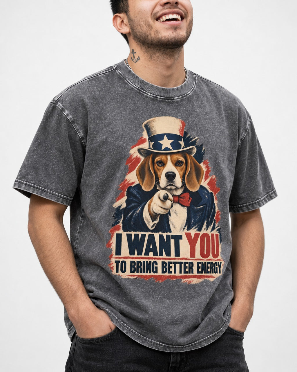 Bring Better Energy Beagle Uncle Sam Washed Tee in Gray, worn by a model, front view