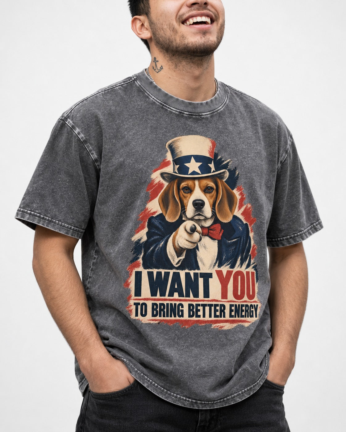 Bring Better Energy Beagle Uncle Sam Washed Tee in Gray, worn by a model, front view