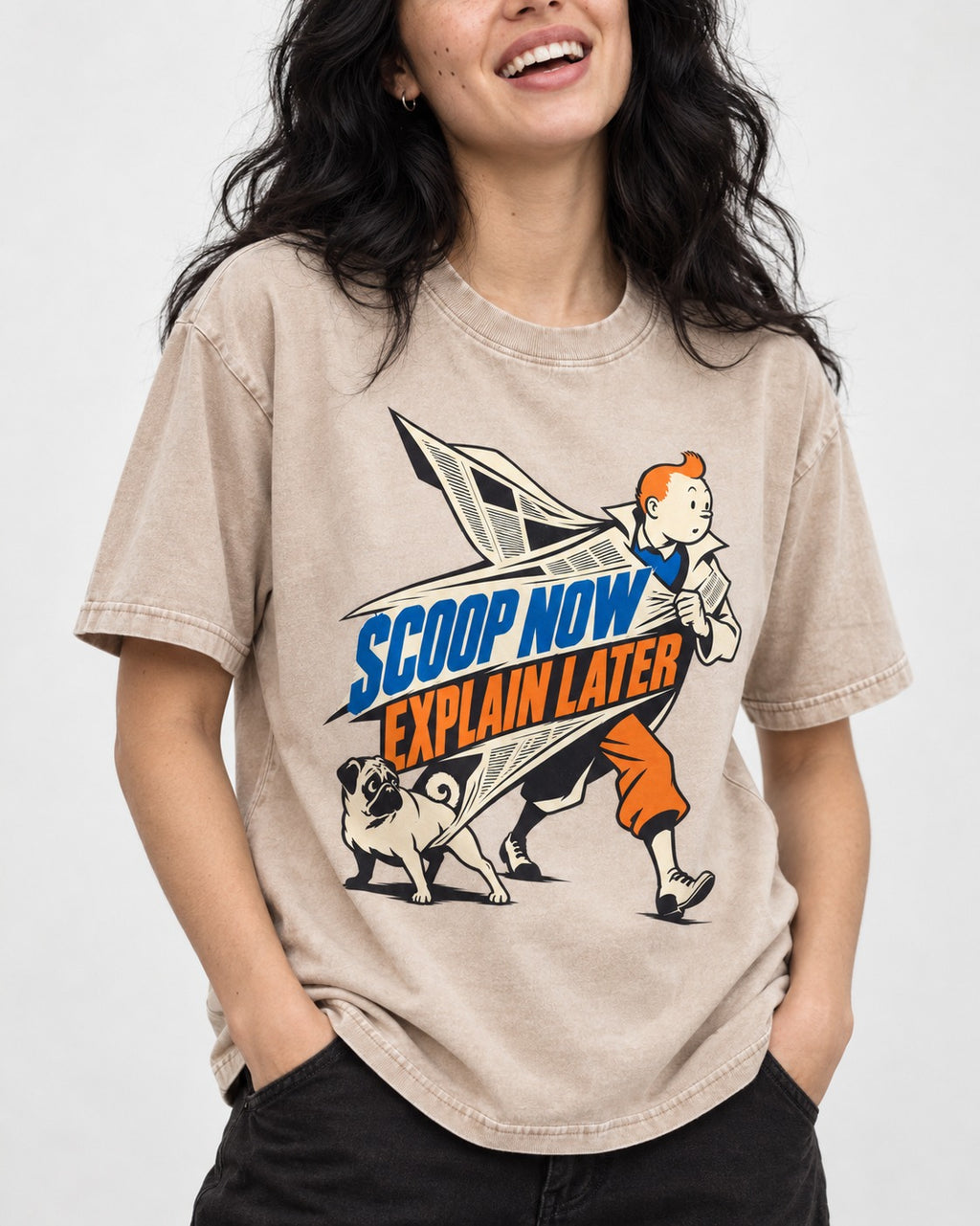 Pug Scoop Now Explain Later Washed Tee in Apricot, worn by a model, front view