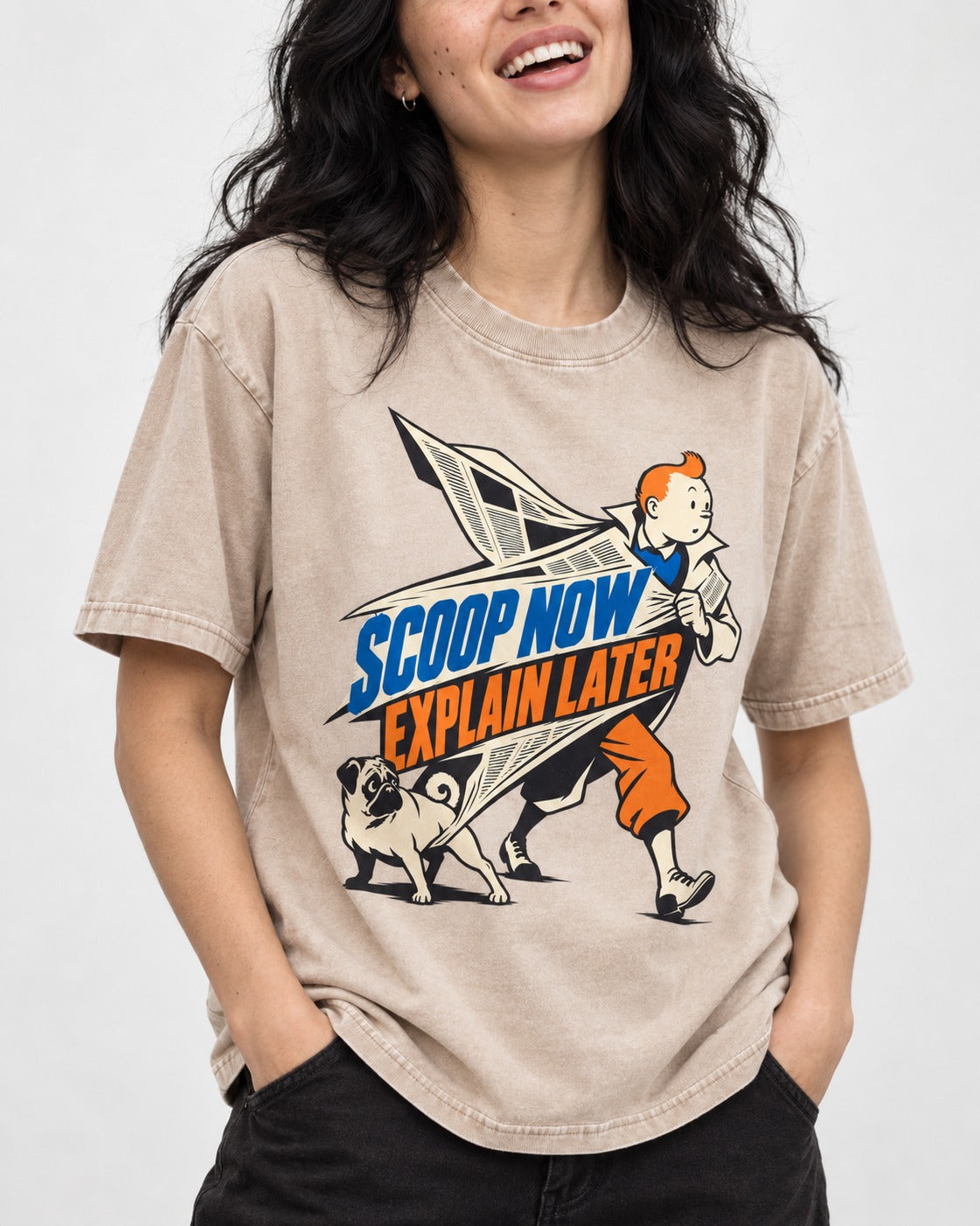Pug Scoop Now Explain Later Washed Tee in Apricot, worn by a model, front view