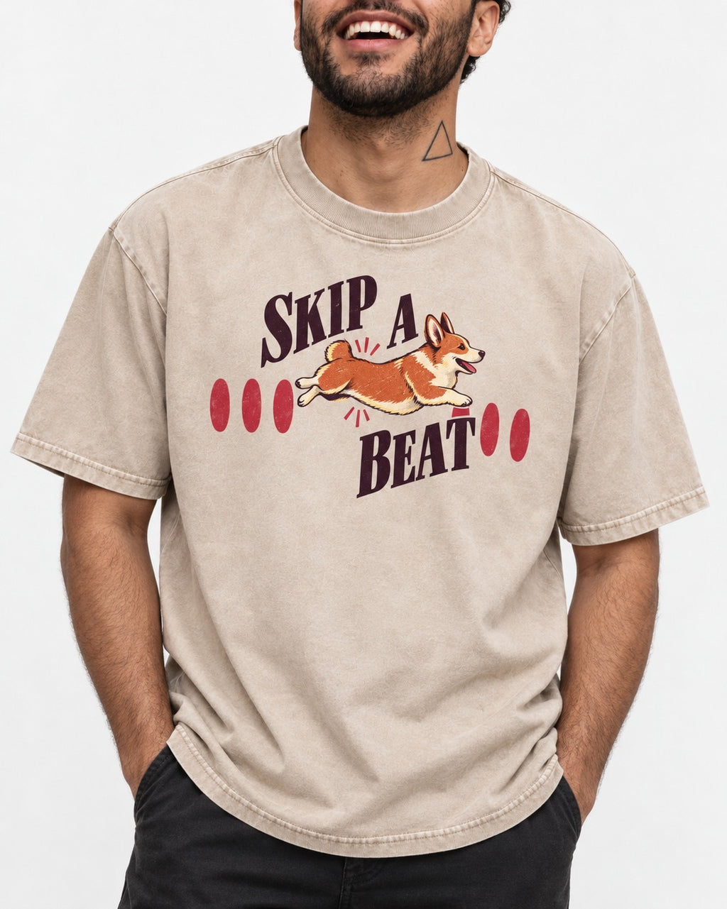 Skip a Beat Corgi Washed Tee in Apricot, worn by a model, front view