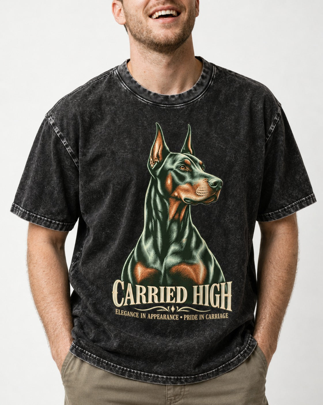 Doberman Carried High Portrait Graphic Washed Tee in Black, worn by a model, front view