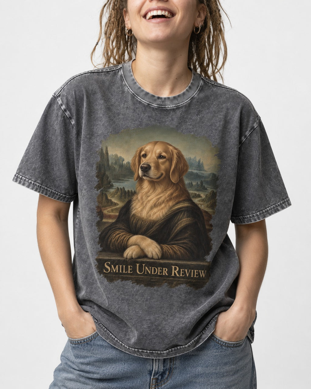 Smile Under Review Renaissance Portrait Golden Retriever Graphic Washed Tee in Gray, worn by a model, front view
