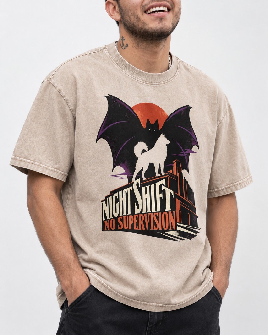 Husky Night Shift No Supervision Washed Tee in Apricot, worn by a model, front view