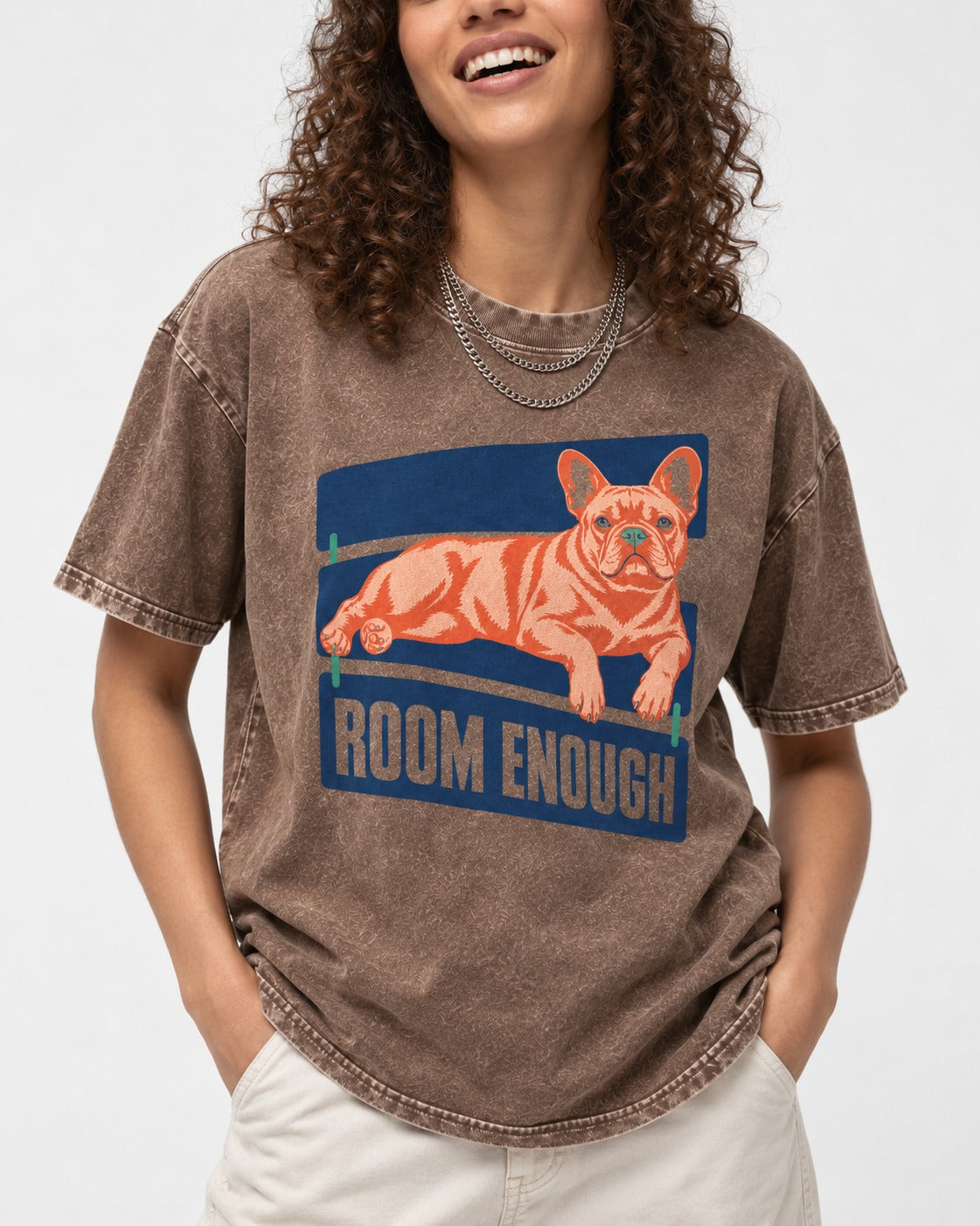 Room Enough for Frenchie Washed Tee in Coffee, worn by a model, front view
