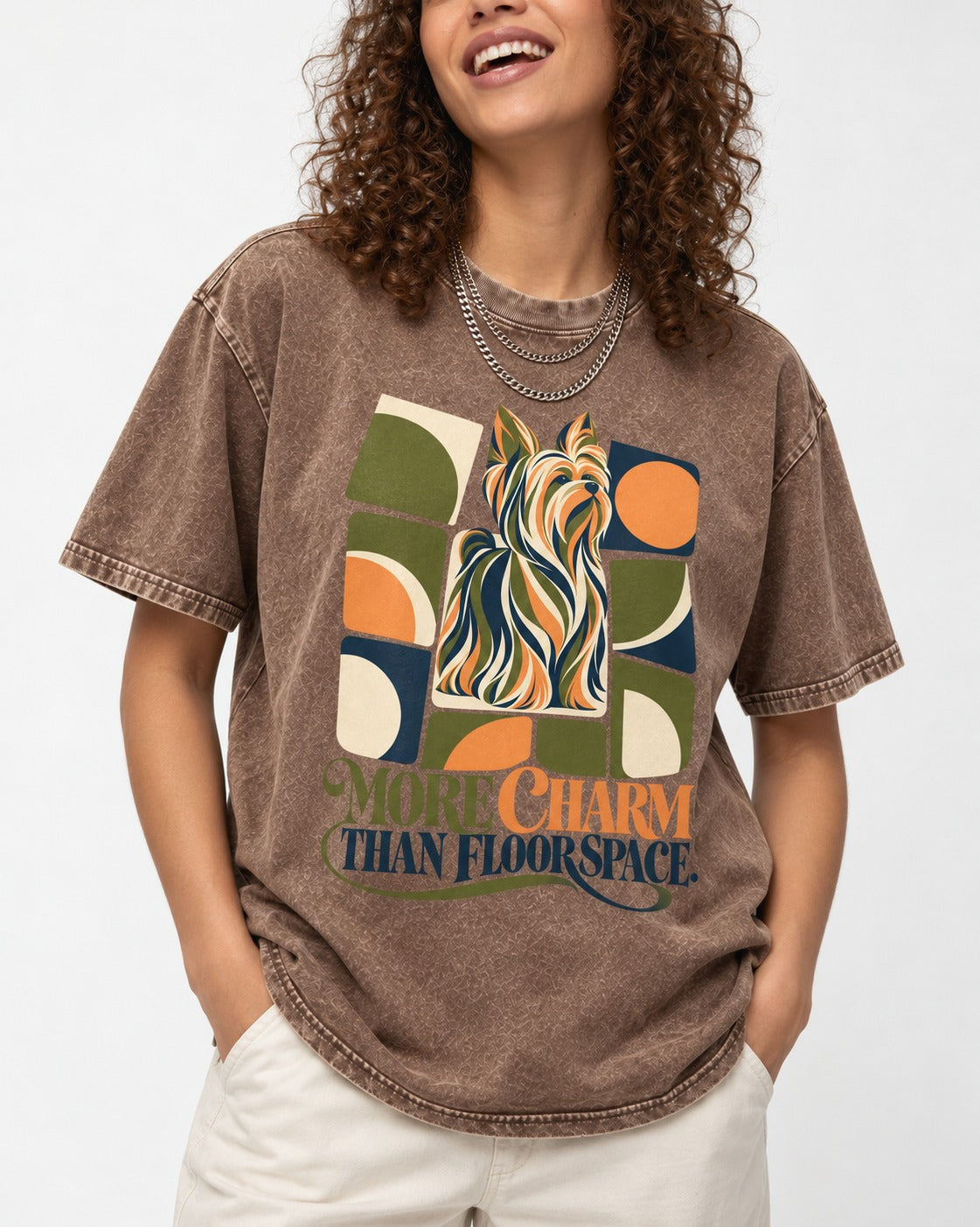 Yorkshire Terrier More Charm Than Space Washed Tee in Coffee, worn by a model, front view