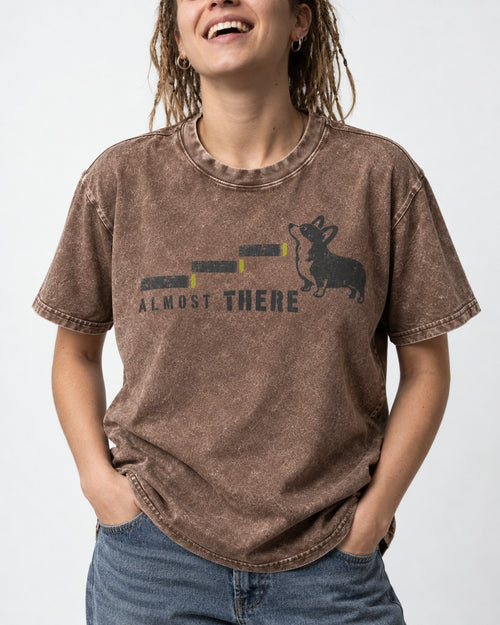Almost There Corgi Washed Tee in Coffee, worn by a model, front view