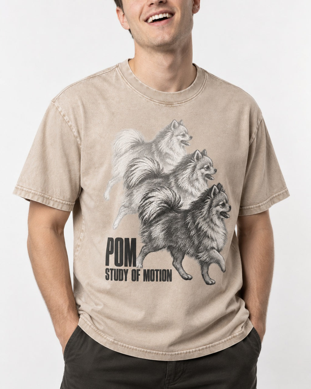 Pomeranian Study of Motion Washed Tee in Apricot, worn by a model, front view