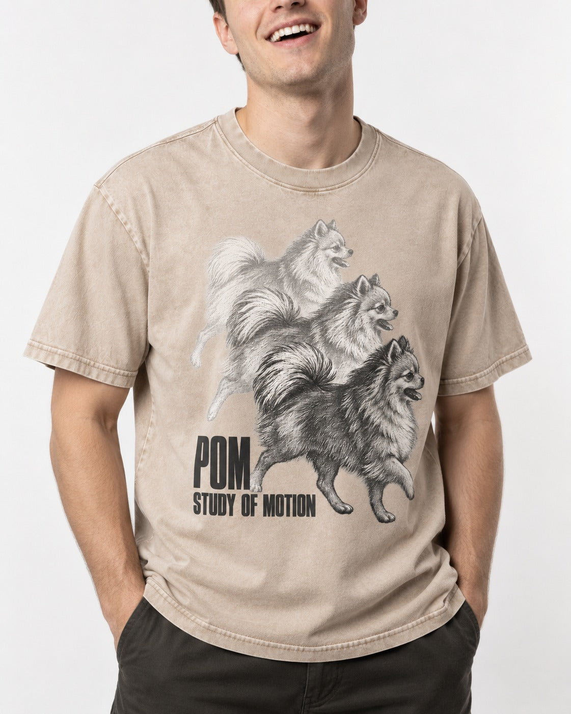 Pomeranian Study of Motion Washed Tee in Apricot, worn by a model, front view