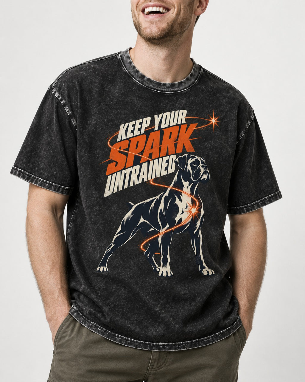 Boxer Keep Your Spark Untrained Washed Tee in Black, worn by a model, front view