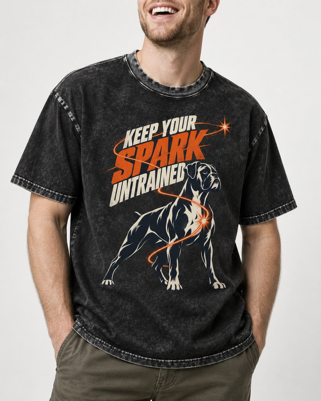 Boxer Keep Your Spark Untrained Washed Tee in Black, worn by a model, front view