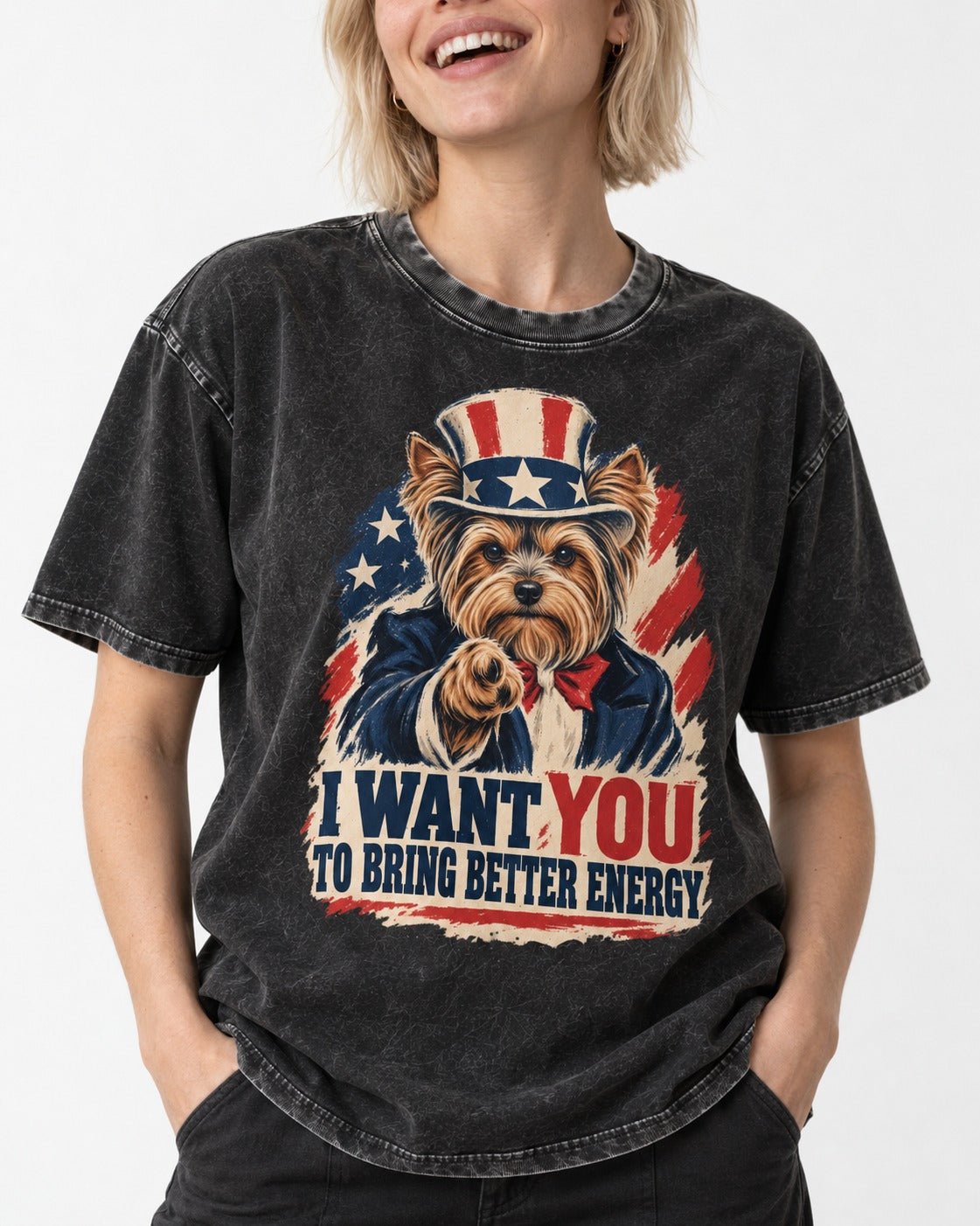 Yorkshire Terrier I Want You to Bring Better Energy Recruitment Poster Graphic Washed Tee in Black, worn by a model, front view
