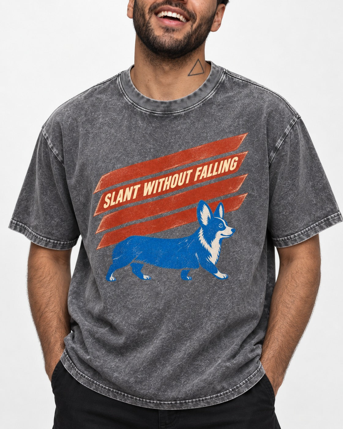 Corgi Slant Without Falling Speed Graphic Washed Tee in Gray, worn by a model, front view