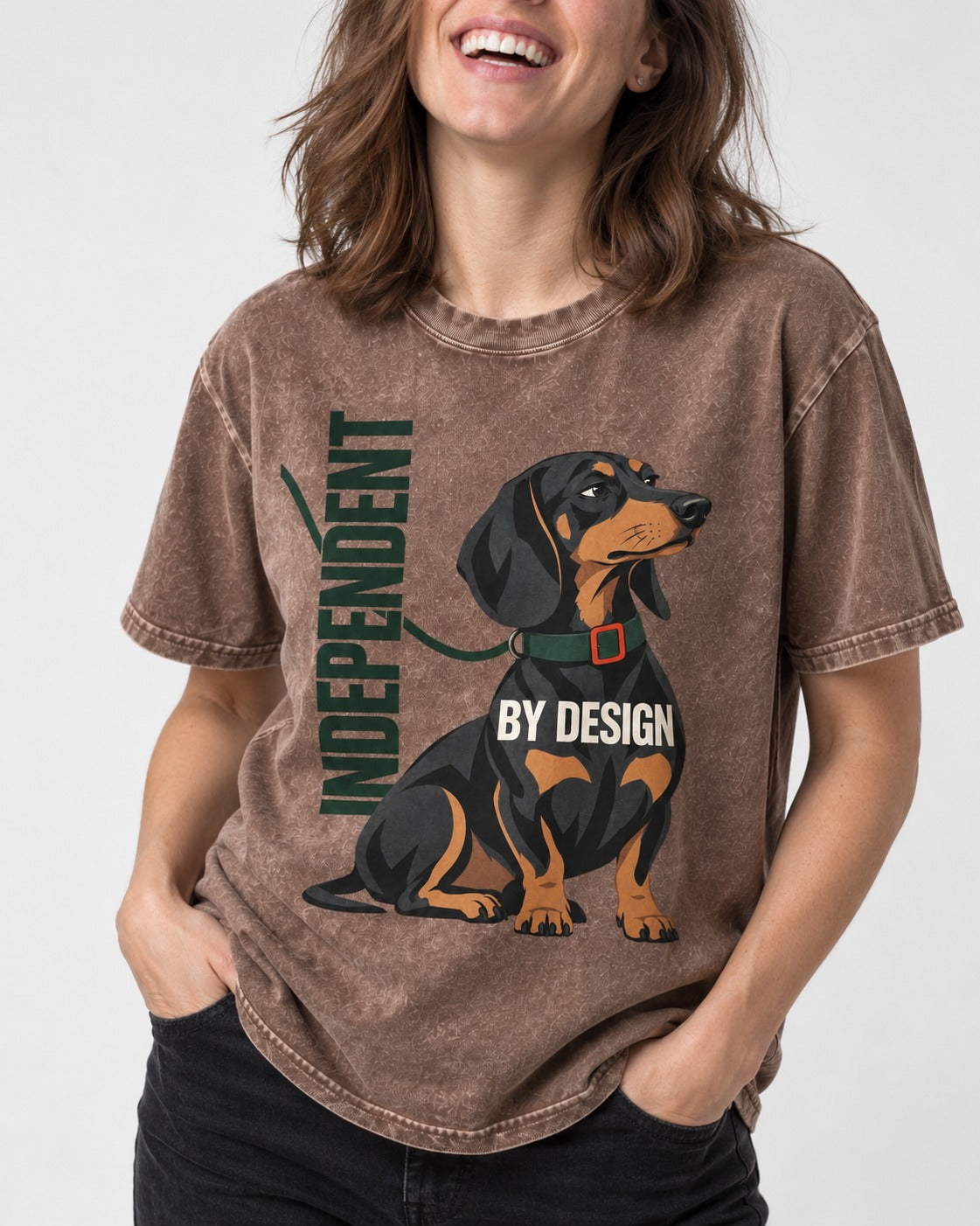 Independent Dachshund Washed Tee in Coffee, worn by a model, front view