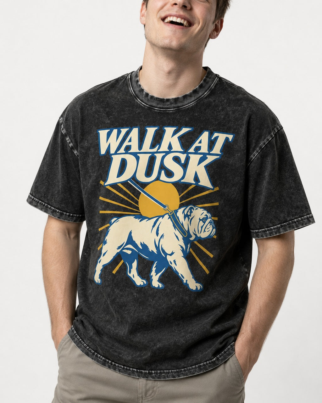English Bulldog Walk at Dusk Sunset Graphic Washed Tee in Black, worn by a model, front view