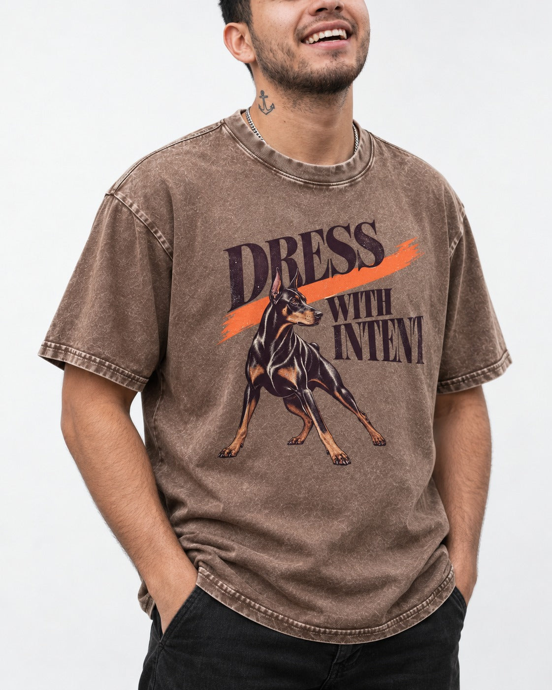 Doberman Dress with Intent Washed Tee in Coffee, worn by a model, front view