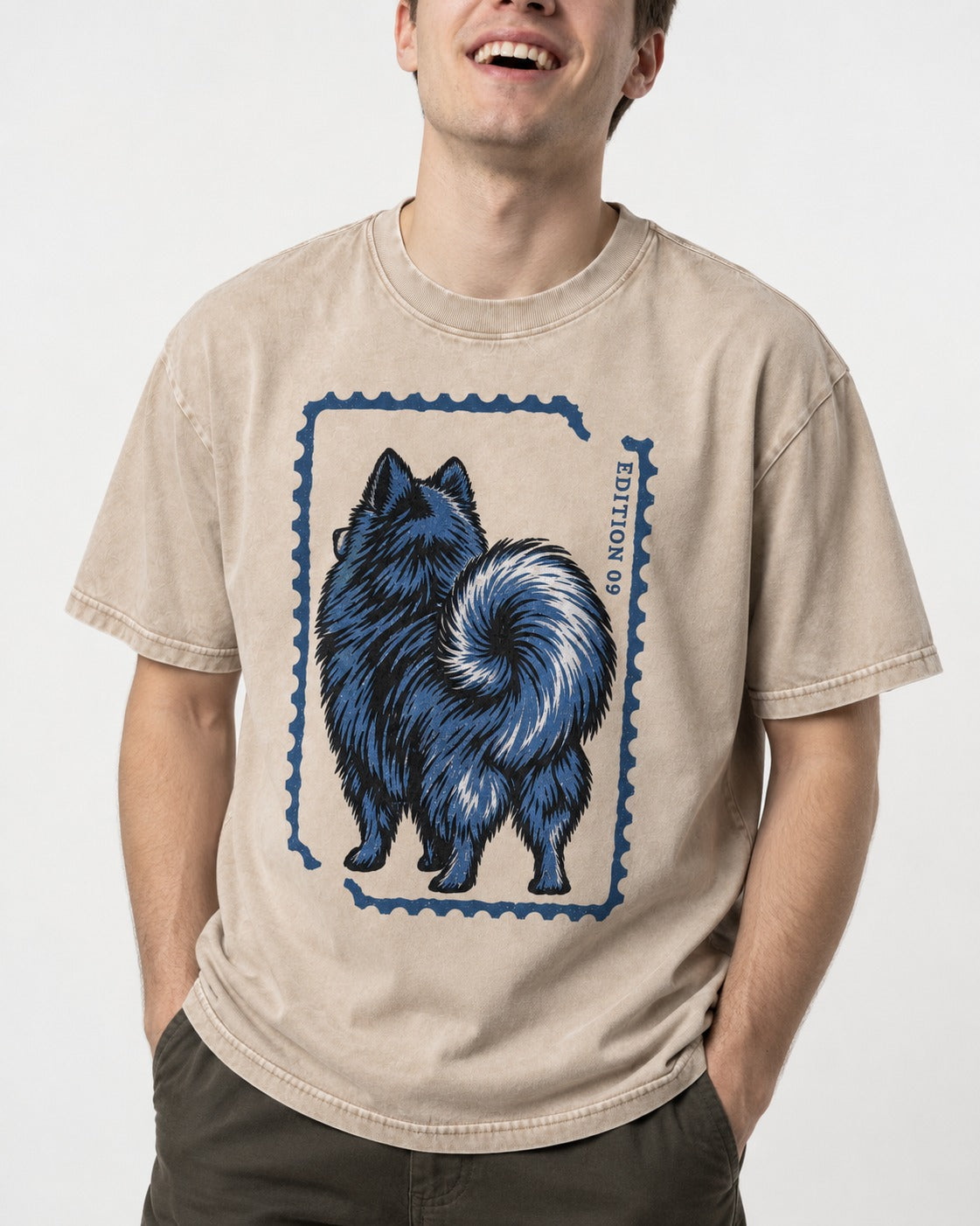 Pomeranian Pride Washed Tee in Apricot, worn by a model, front view