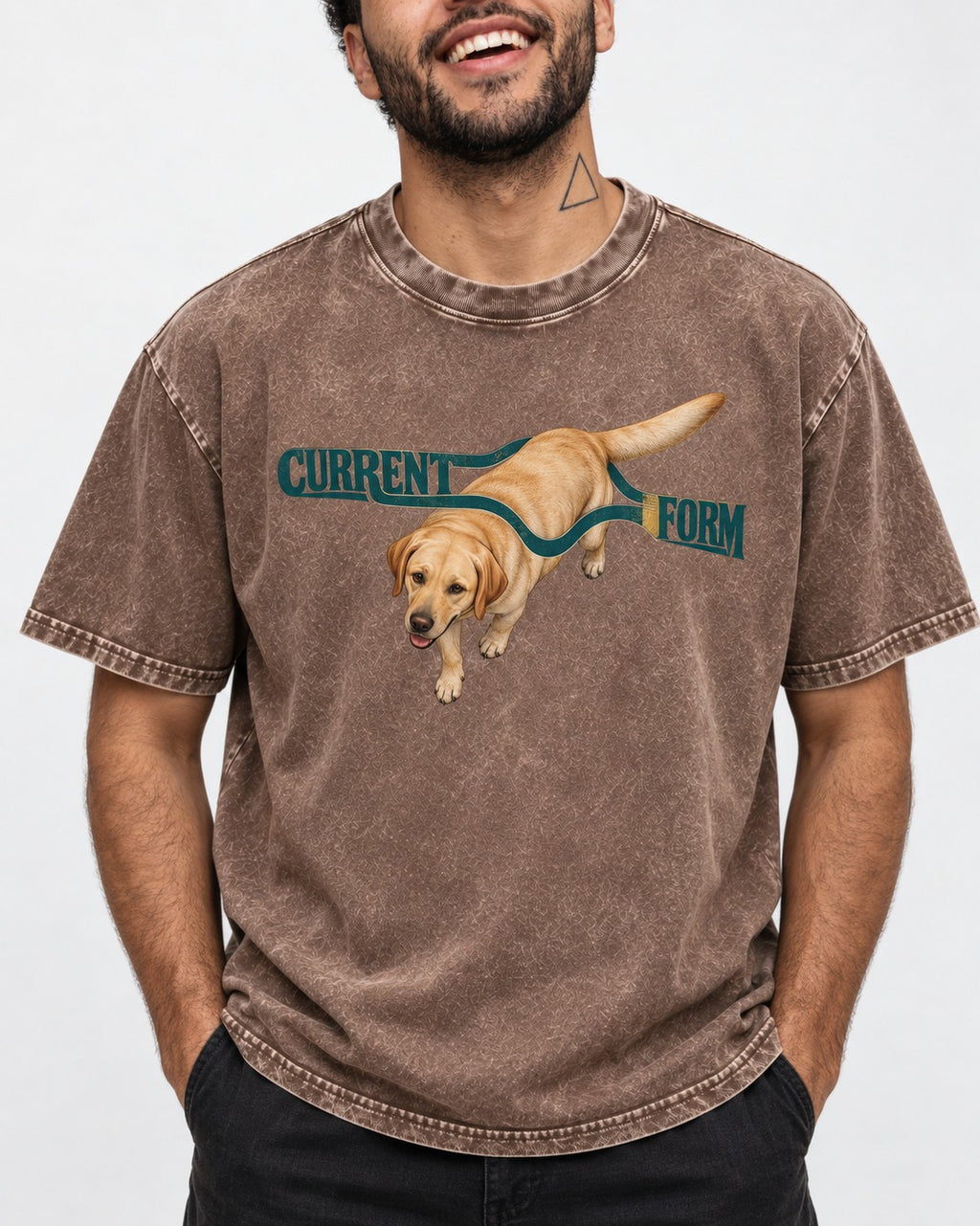 Labrador Retriever Current Form Washed Tee in Coffee, worn by a model, front view