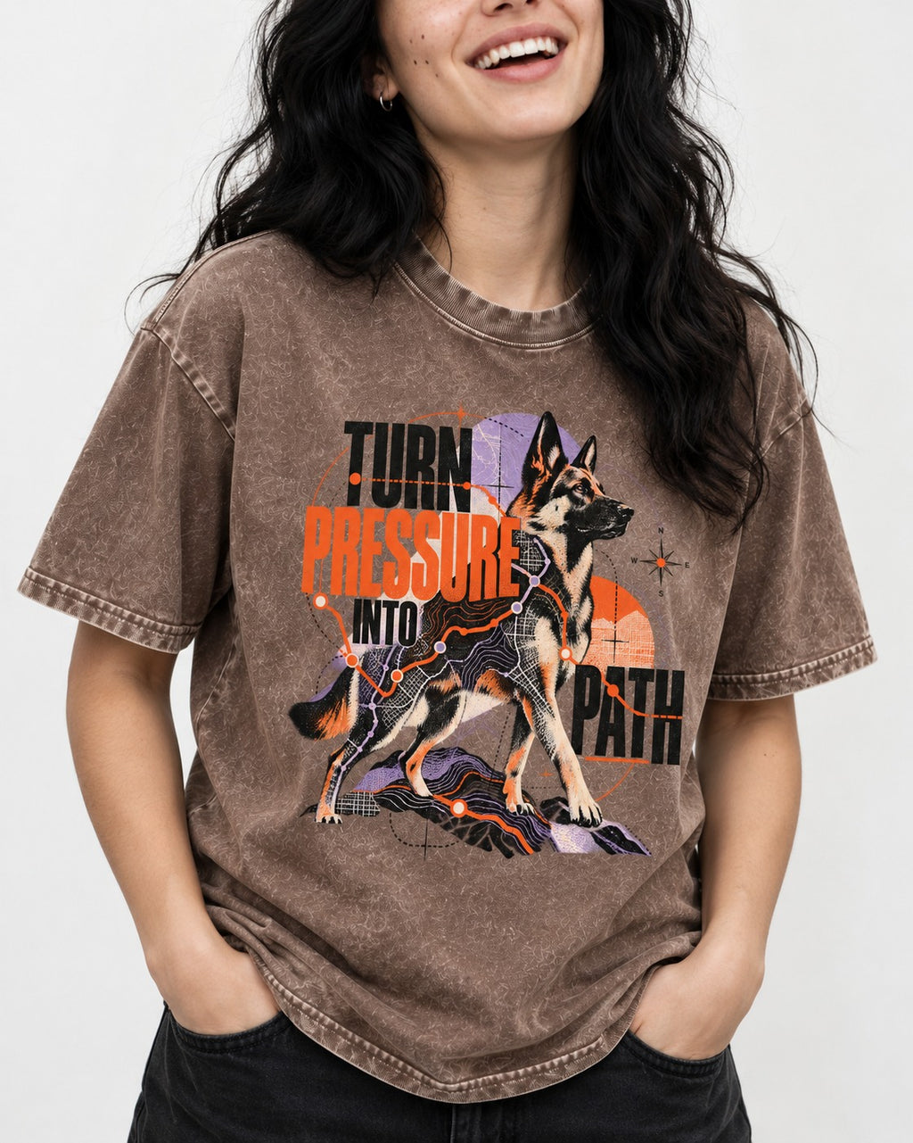 Turn Pressure Into Path German Shepherd Dog Washed Tee in Coffee, worn by a model, front view