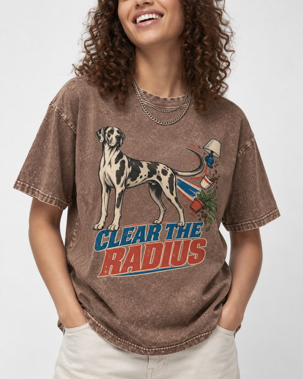 Great Dane Clear the Radius Washed Tee in Coffee, worn by a model, front view