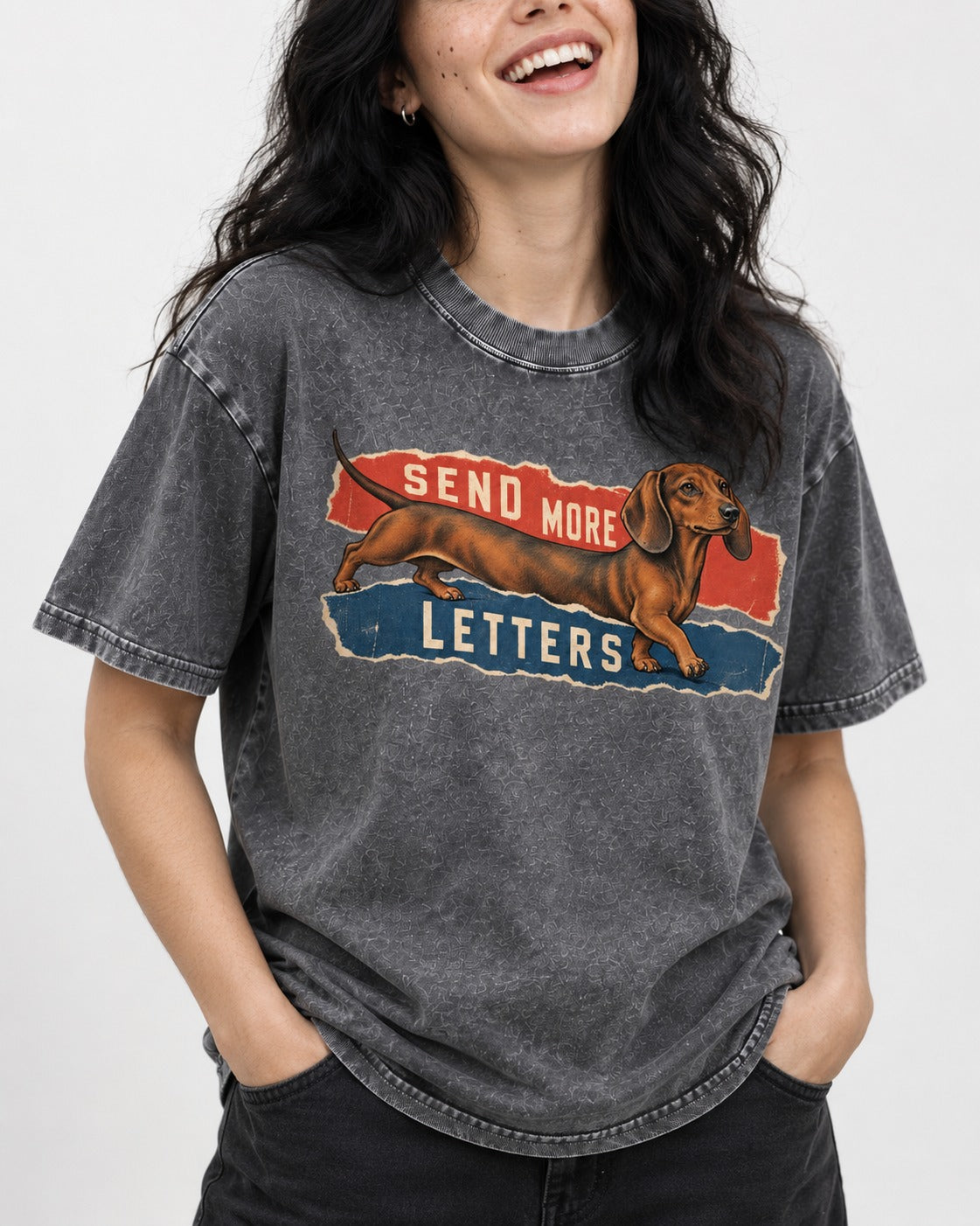 Dachshund Send More Letters Torn Paper Graphic Washed Tee in Gray, worn by a model, front view